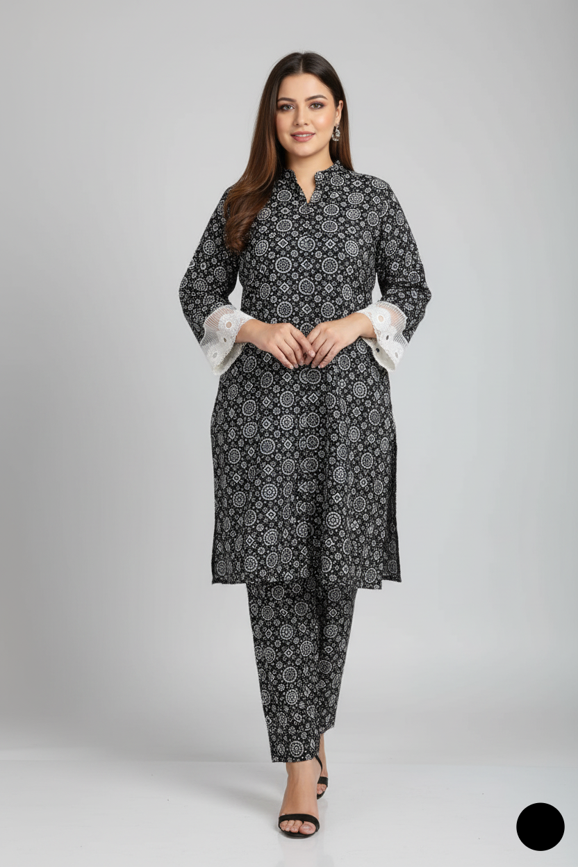 Lawn A-Line printed shirt - Pakistani women's casual summer outfit with cotton trouser and lawn dupatta front view