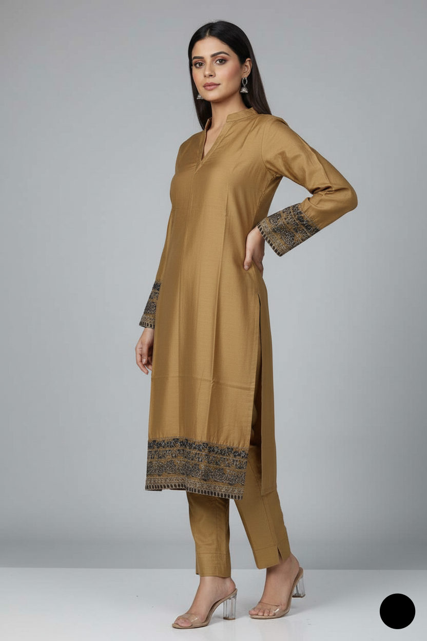 Pakistani women's light brown lawn A-Line casual shirt detail view