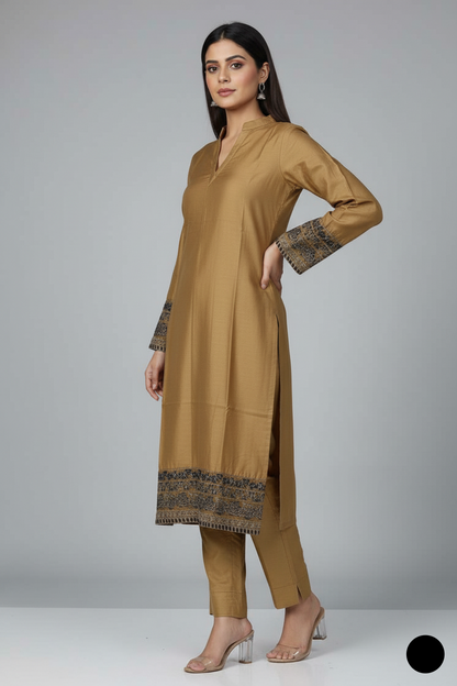 Pakistani women's light brown lawn A-Line casual shirt detail view