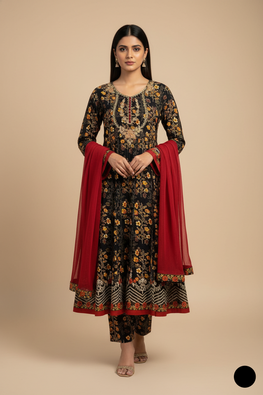 Linen Long Frock SG 1474 - Pakistani women's elegant outfit with chiffon dupatta front view