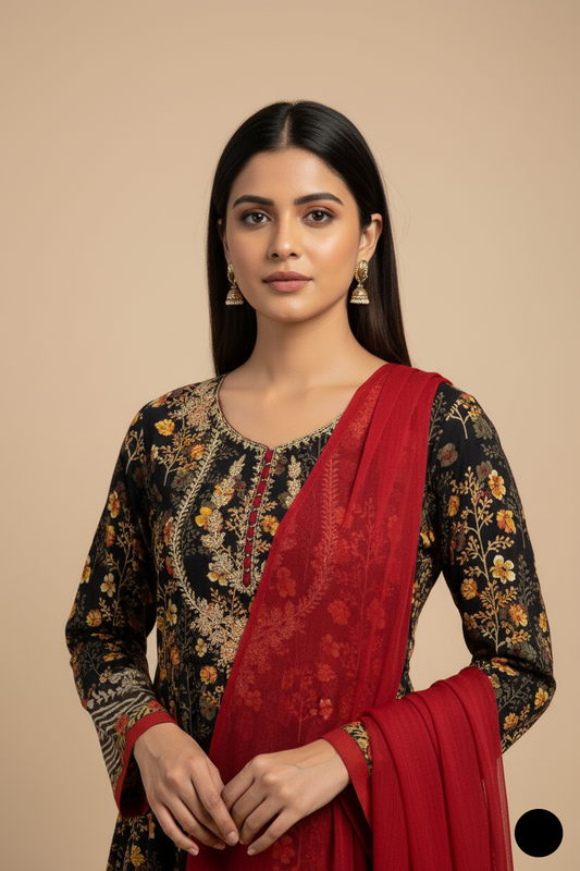 SG 1474 Linen long frock Pakistani women's dress with chiffon dupatta side view