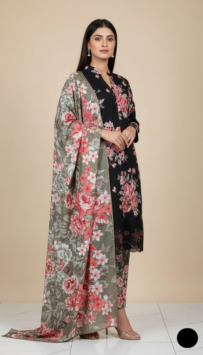 Lawn A-Line printed shirt - Pakistani women's casual summer outfit with cotton trouser and lawn dupatta front view