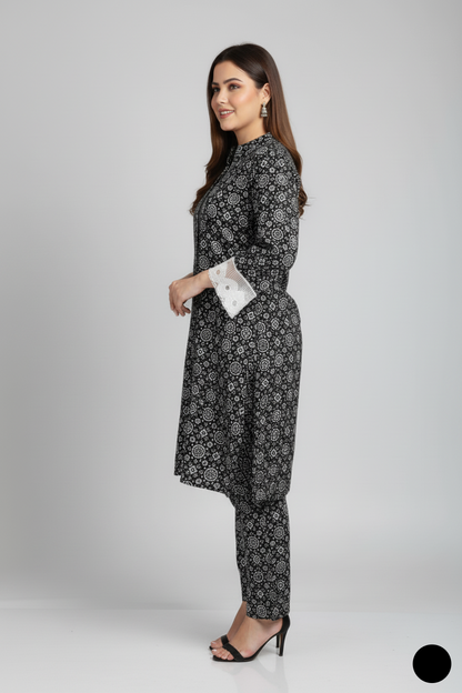 Pakistani women's lawn A-Line printed casual outfit detail view