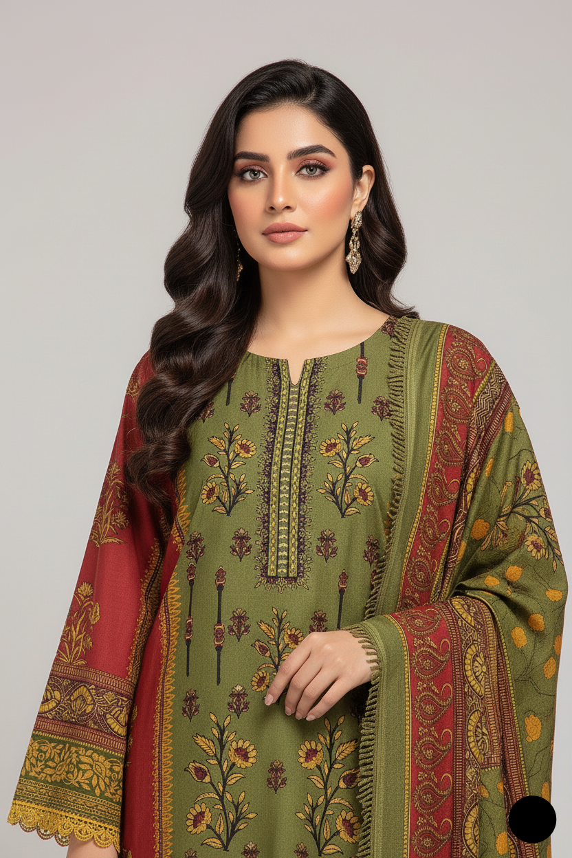 Dhanak A-Line suit SG20 21 - elegant Pakistani women's winter dress with shawl side view
