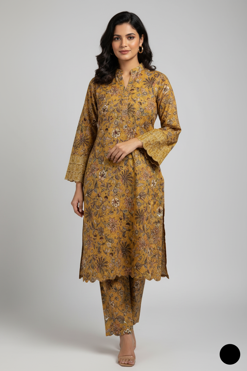 Lawn A-Line printed shirt - Pakistani women's casual summer outfit with cotton trouser and lawn dupatta front view