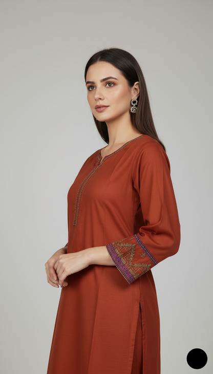 Pakistani women's copper lawn A-Line casual shirt detail view