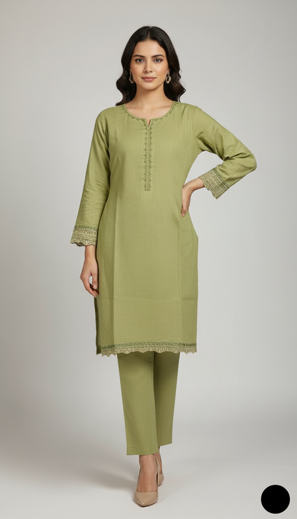 Khaddar A-Line shirt pista green - Pakistani women's winter casual outfit with khaddar trouser and shawl front view