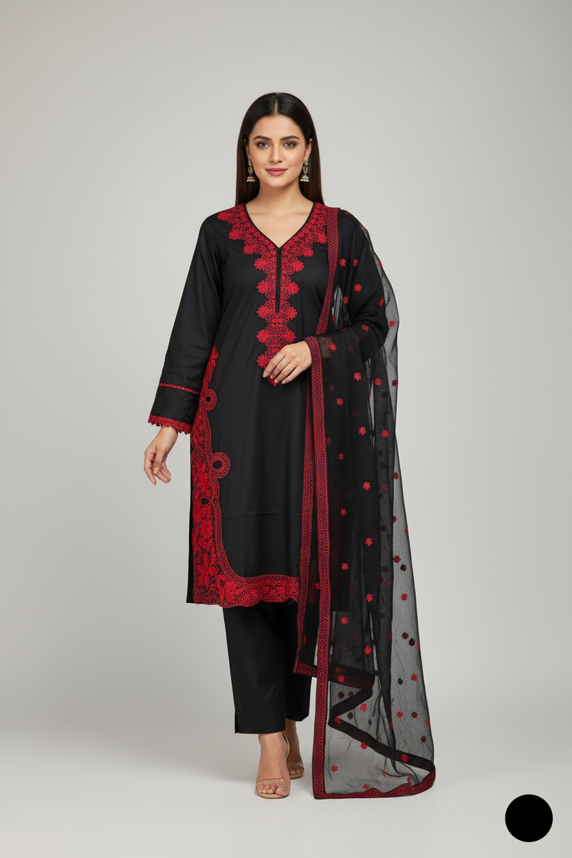 Lawn A-Line shirt black - Pakistani women's casual summer outfit with cotton trouser and lawn dupatta front view