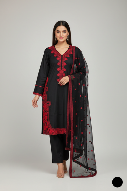Lawn A-Line shirt black - Pakistani women's casual summer outfit with cotton trouser and lawn dupatta front view
