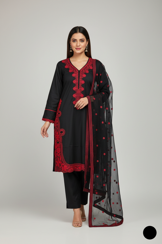 Lawn A-Line shirt black - Pakistani women's casual summer outfit with cotton trouser and lawn dupatta front view