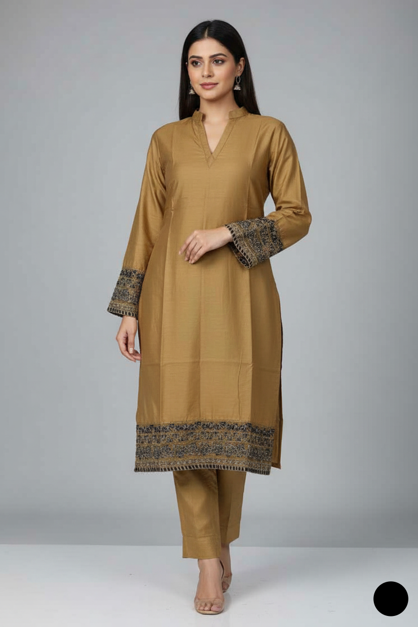 Lawn A-Line shirt light brown - Pakistani women's casual summer outfit with cotton trouser and lawn dupatta front view