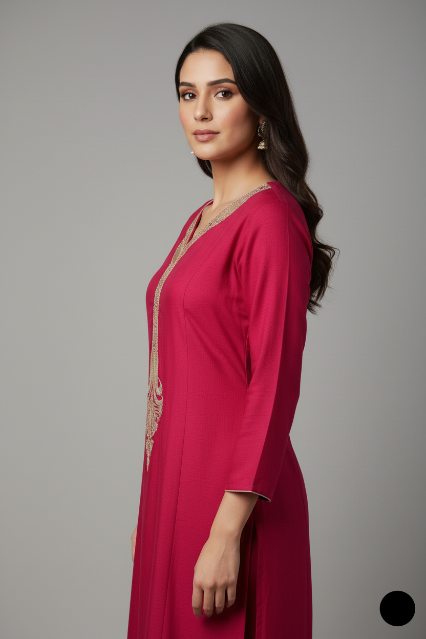 Pakistani women's shocking pink lawn A-Line casual shirt detail view
