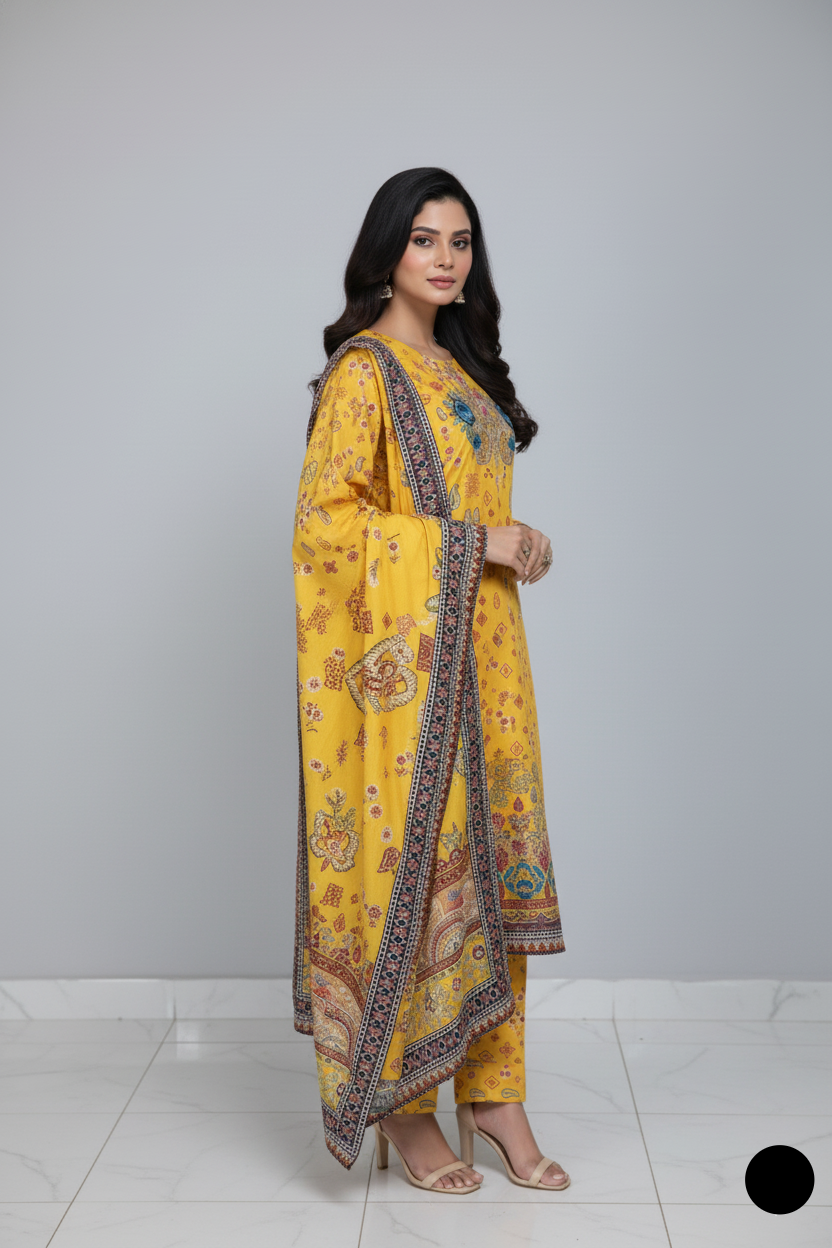 Pakistani women's lawn A-Line printed casual outfit detail view
