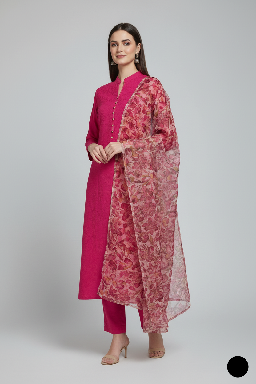 Pakistani women's shocking pink lawn A-Line casual shirt detail view