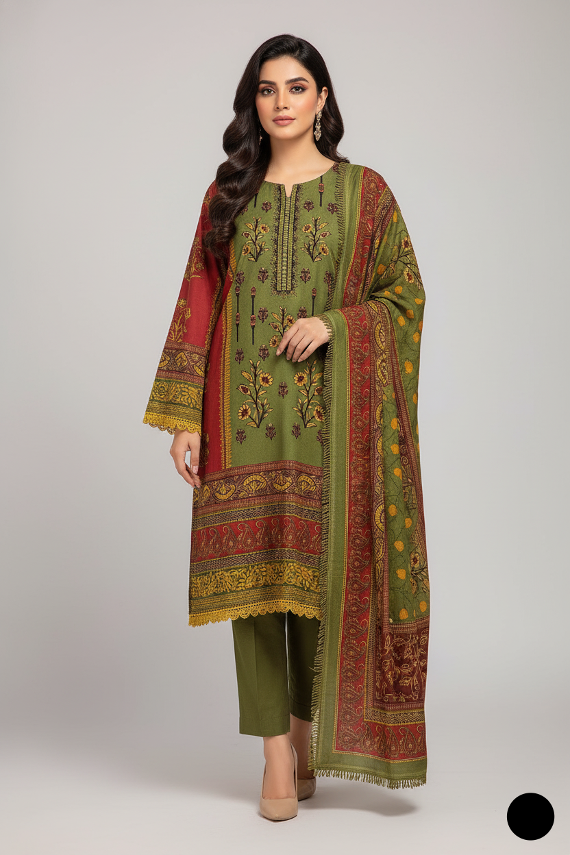 Pakistani Dhanak A-Line 3-piece suit SG20 21 - elegant women's winter dress with shawl