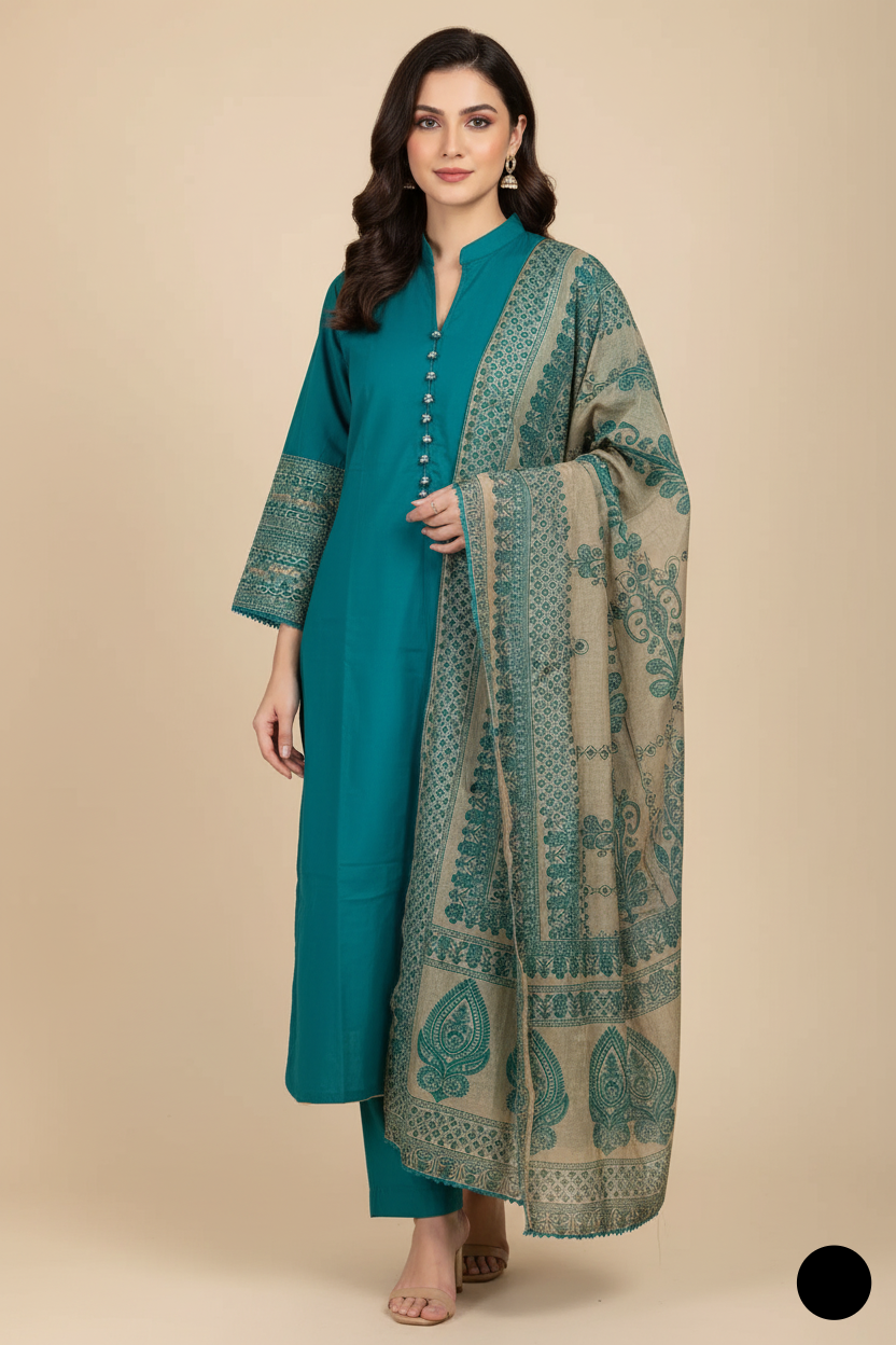 Lawn A-Line shirt sea green - Pakistani women's casual summer outfit with cotton trouser and lawn dupatta front view