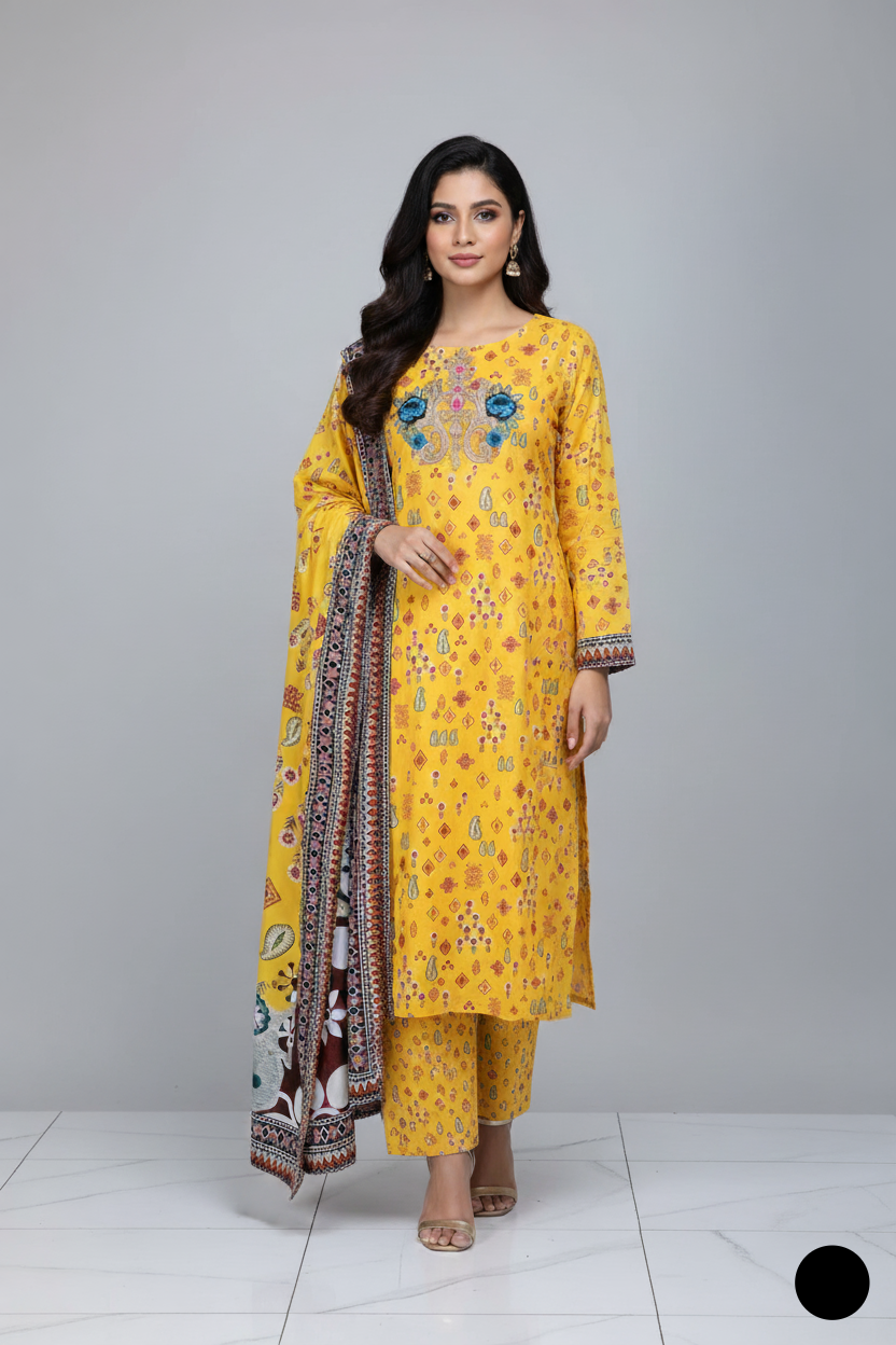 Lawn A-Line printed shirt - Pakistani women's casual summer outfit with cotton trouser and lawn dupatta front view