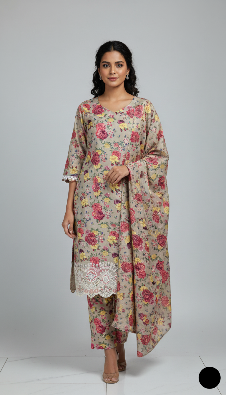 Lawn A-Line printed shirt - Pakistani women's casual summer outfit with cotton trouser and lawn dupatta front view