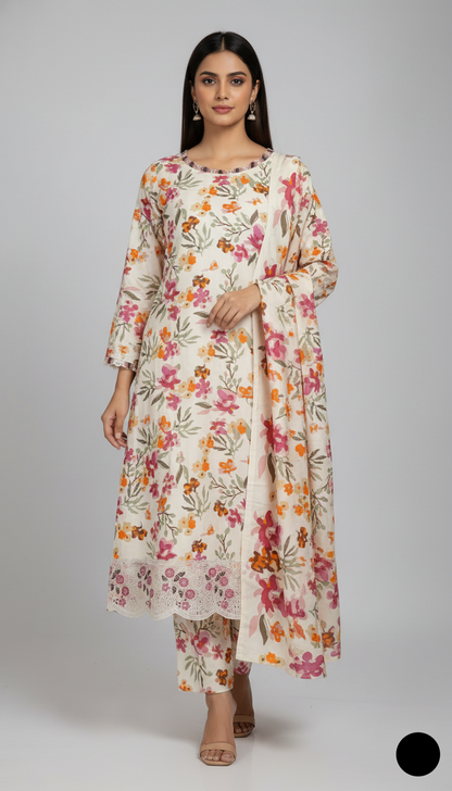 Lawn A-Line printed shirt - Pakistani women's casual summer outfit with cotton trouser and lawn dupatta front view
