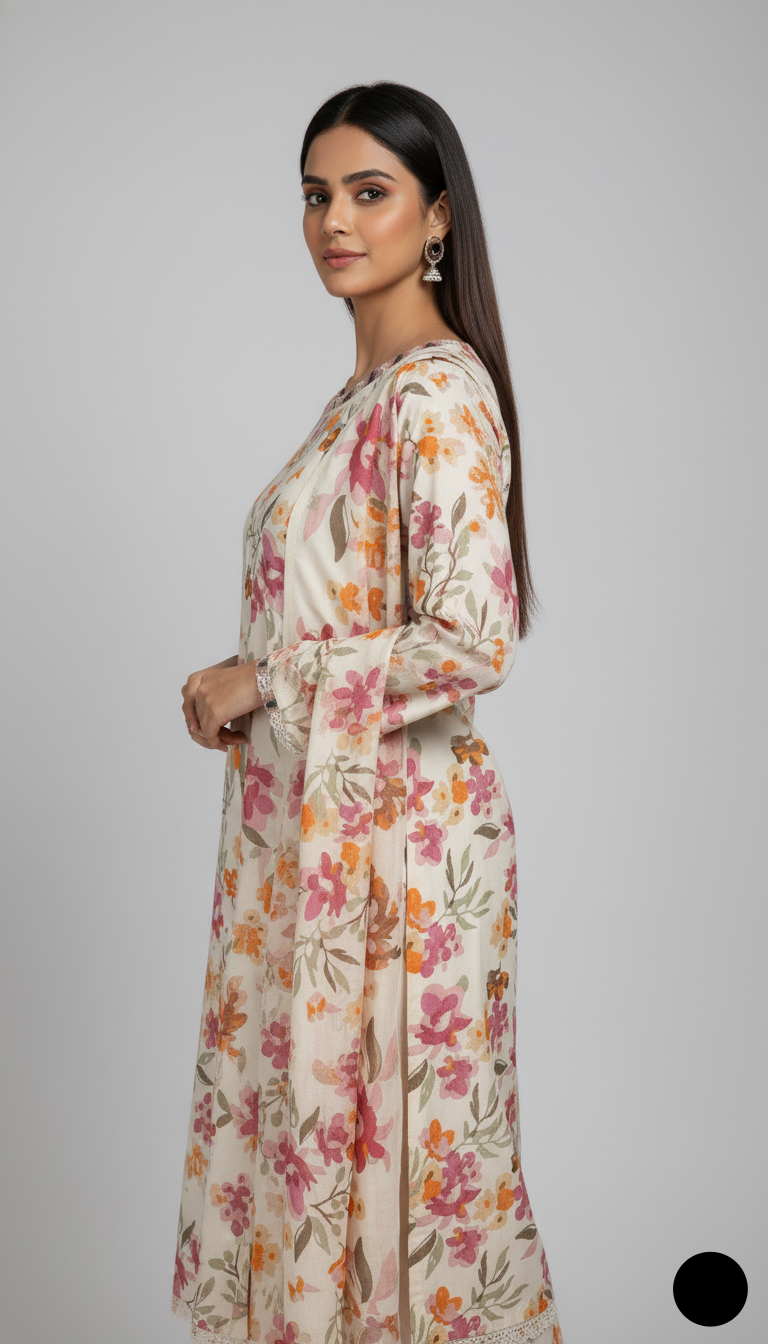 Pakistani women's lawn A-Line printed casual outfit detail view