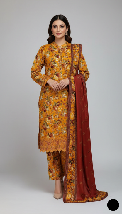 Lawn A-Line printed shirt - Pakistani women's casual summer outfit with cotton trouser and lawn dupatta front view