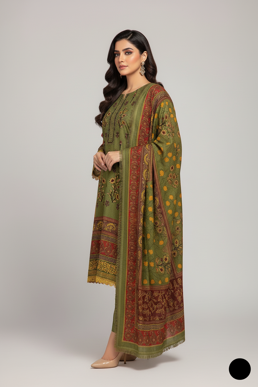 SG20 21 Dhanak 3-piece women's winter outfit with matching shawl - Pakistani fashion back view