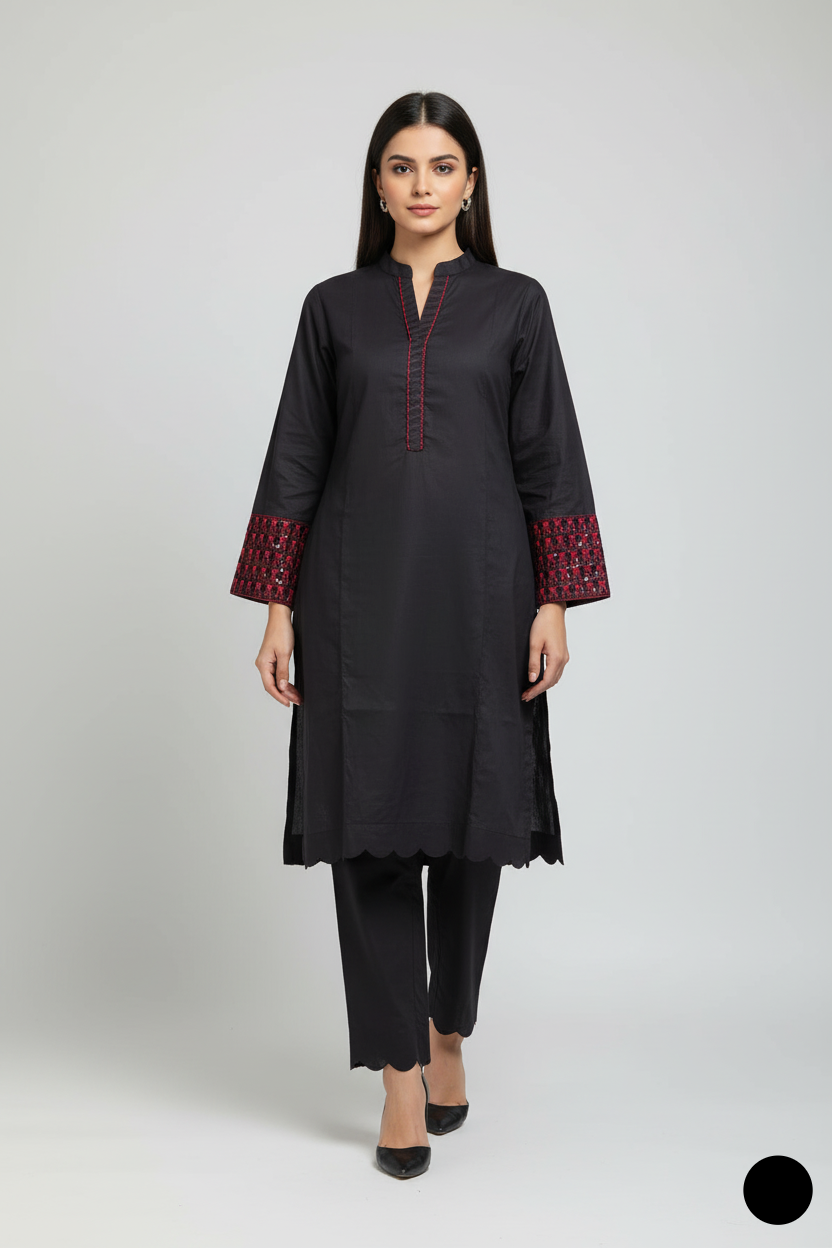 Lawn A-Line shirt black maroon - Pakistani women's casual summer outfit with cotton trouser and lawn dupatta front view