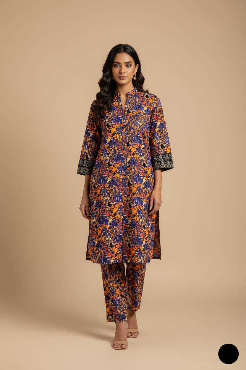 Lawn A-Line printed shirt - Pakistani women's casual summer outfit with cotton trouser and lawn dupatta front view