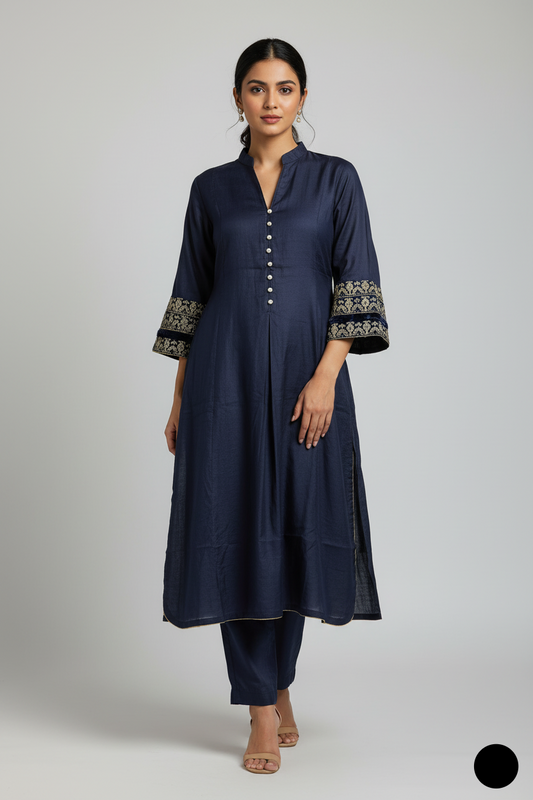Lawn A-Line shirt navy blue - Pakistani women's casual summer outfit with cotton trouser and lawn dupatta front view
