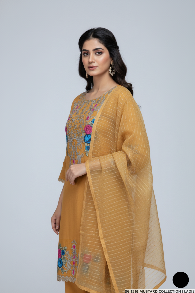 Pakistani women's mustard yellow lawn A-Line casual shirt detail view