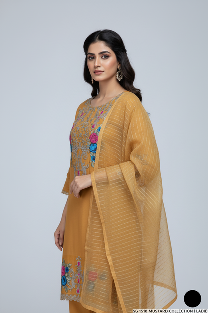 Pakistani women's mustard yellow lawn A-Line casual shirt detail view