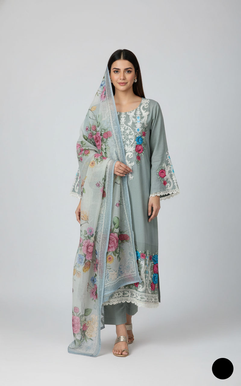 Lawn A-Line shirt pista green - Pakistani women's casual summer outfit with cotton trouser and lawn dupatta front view