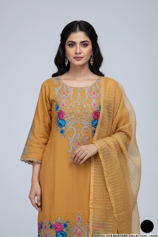 Mustard yellow lawn Pakistani women's A-Line casual shirt side view