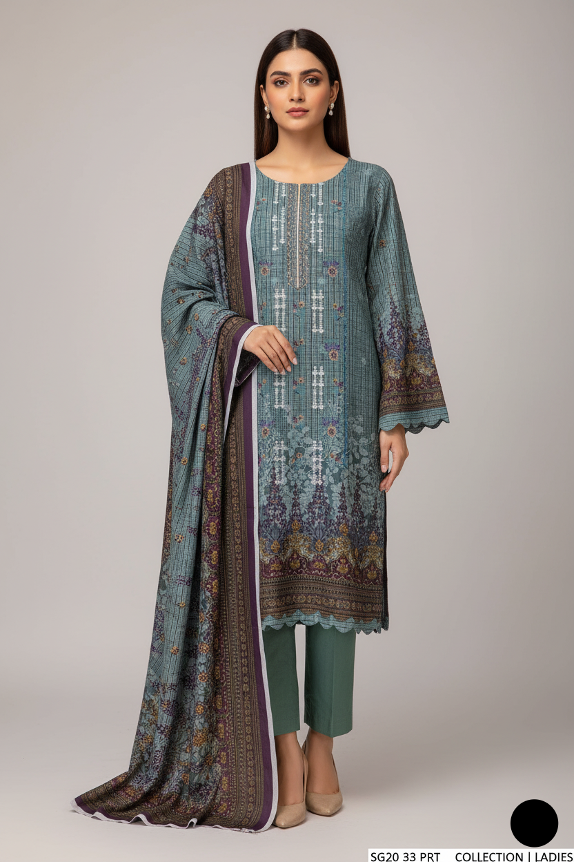 Dhanak straight shirt 3-piece suit SG20 33 - semi-formal women's Pakistani outfit with shawl
