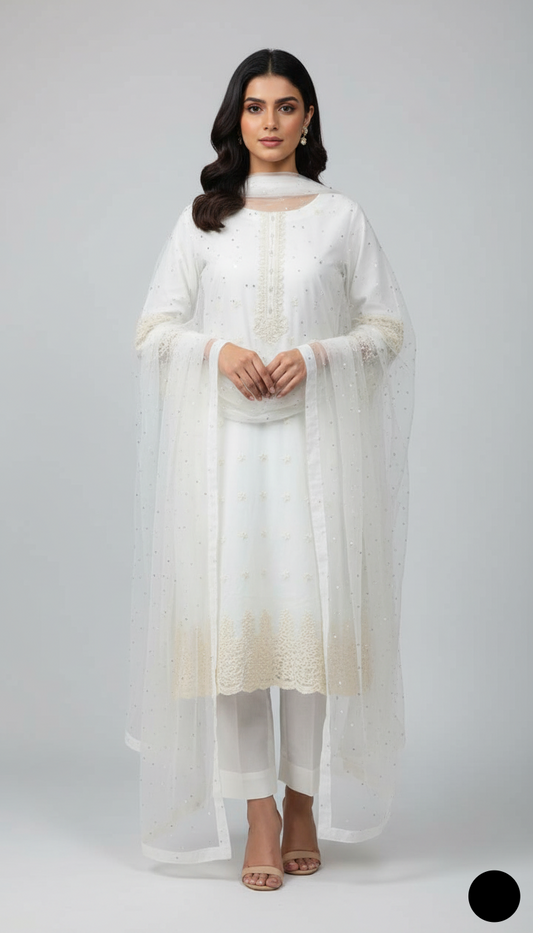 Lawn A-Line shirt white - Pakistani women's casual summer outfit with cotton trouser and lawn dupatta front view