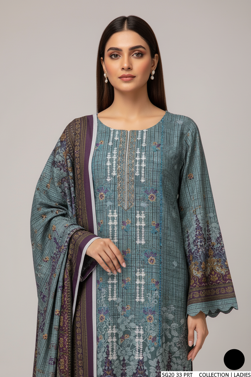 Dhanak straight shirt SG20 33 - semi-formal Pakistani women's suit with shawl side view