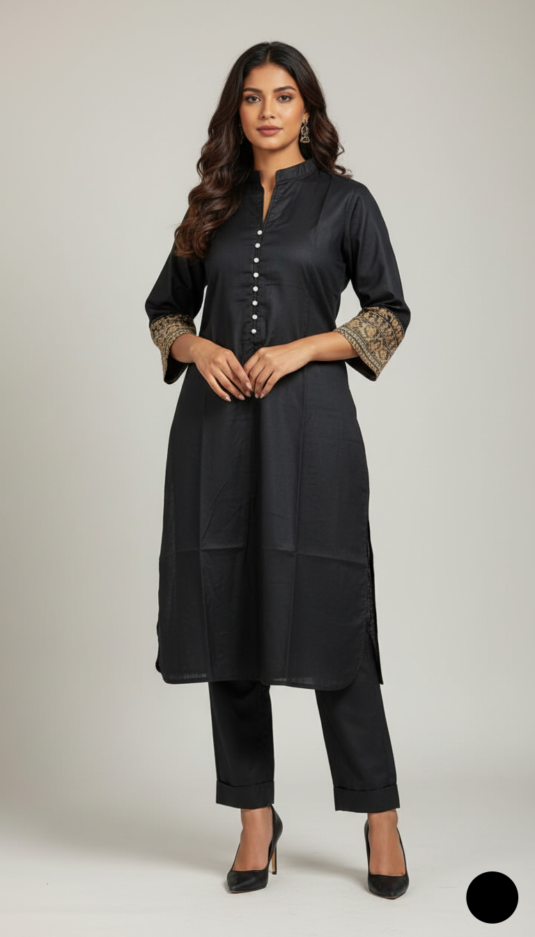 Lawn A-Line shirt black - Pakistani women's casual summer outfit with cotton trouser and lawn dupatta front view