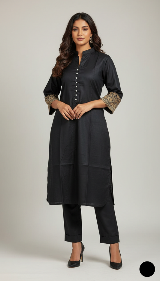 Lawn A-Line shirt black - Pakistani women's casual summer outfit with cotton trouser and lawn dupatta front view