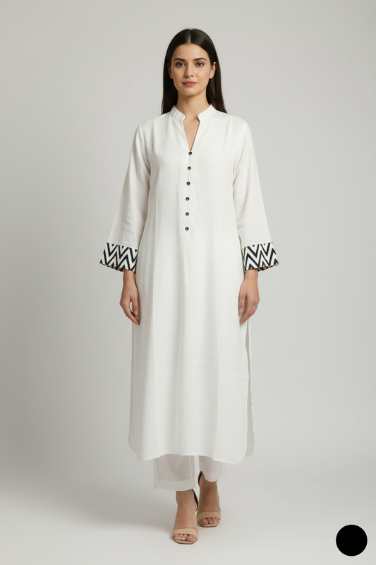 Lawn A-Line shirt off white - Pakistani women's casual summer outfit with cotton trouser and lawn dupatta front view