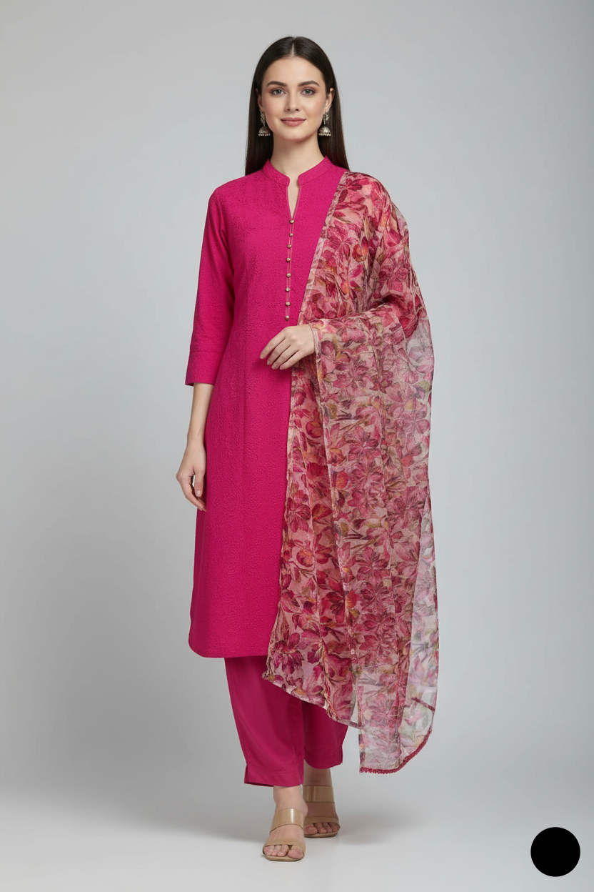 Lawn A-Line shirt shocking pink - Pakistani women's casual summer outfit with cotton trouser and lawn dupatta front view