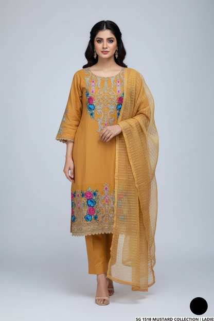 Lawn A-Line shirt mustard yellow - Pakistani women's casual summer outfit with cotton trouser and lawn dupatta front view