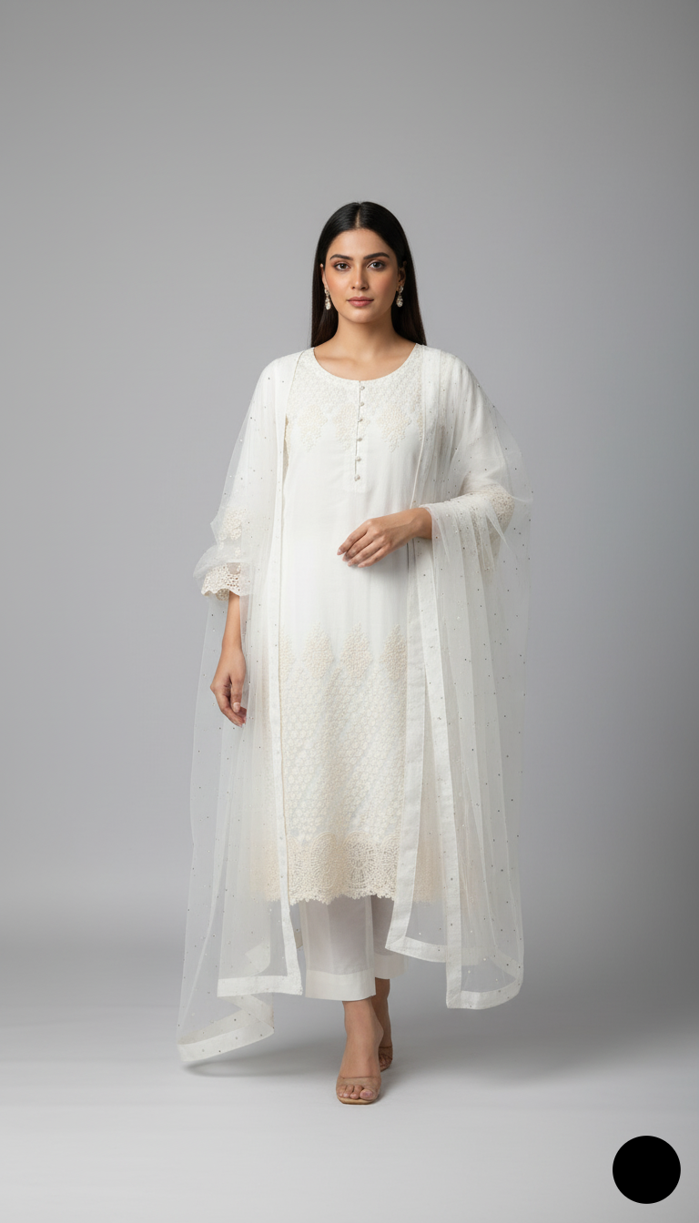 Lawn A-Line shirt white - Pakistani women's casual summer outfit with cotton trouser and lawn dupatta front view