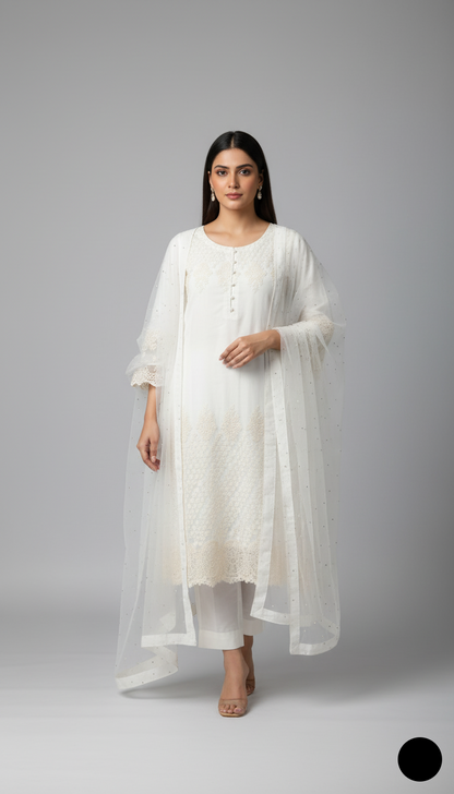 Lawn A-Line shirt white - Pakistani women's casual summer outfit with cotton trouser and lawn dupatta front view