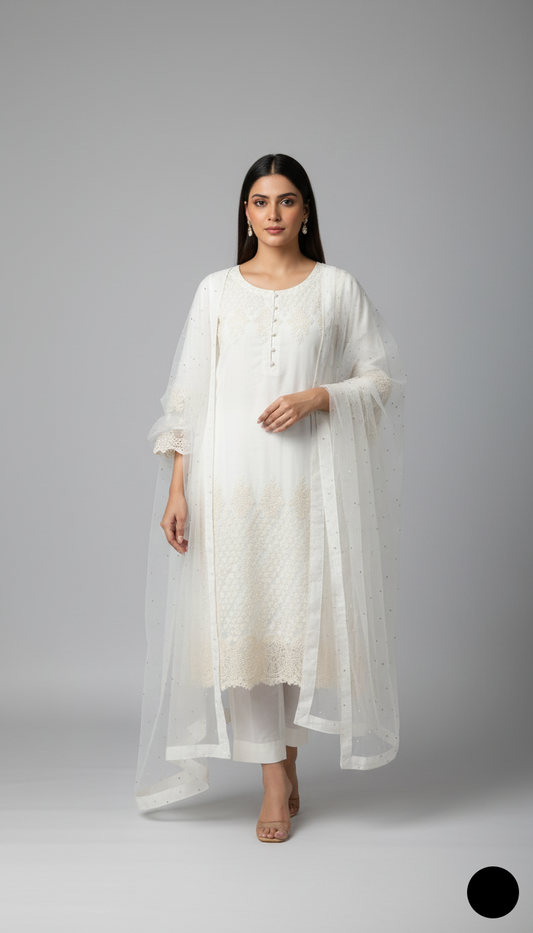 Lawn A-Line shirt white - Pakistani women's casual summer outfit with cotton trouser and lawn dupatta front view
