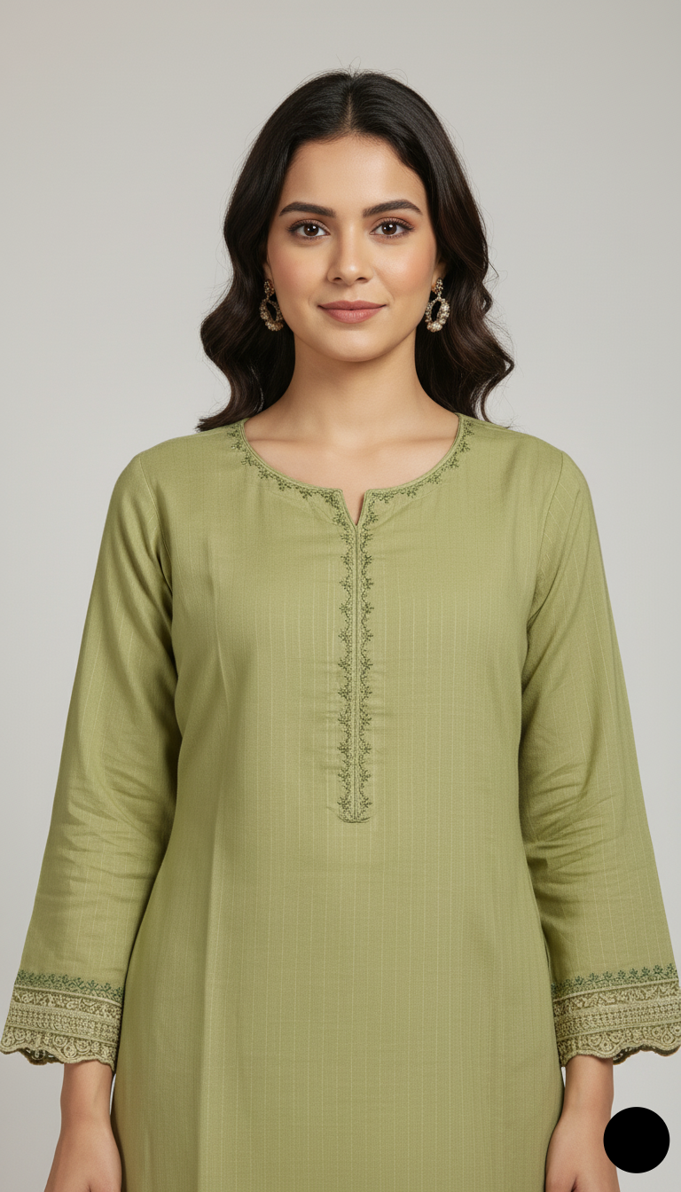 Pista green khaddar Pakistani women's A-Line casual shirt side view