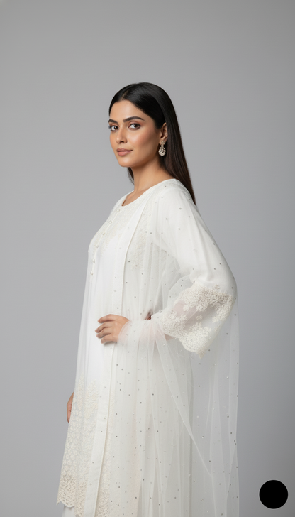 Pakistani women's white lawn A-Line casual shirt detail view
