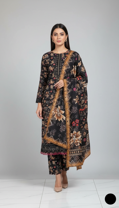 Lawn A-Line printed shirt - Pakistani women's casual summer outfit with cotton trouser and lawn dupatta front view