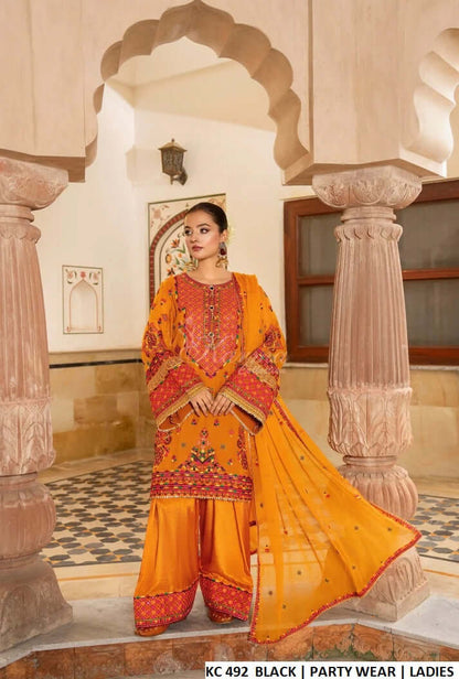 Silk long kaftan plazo orange - Pakistani women's luxury formal wear with silk dupatta front view