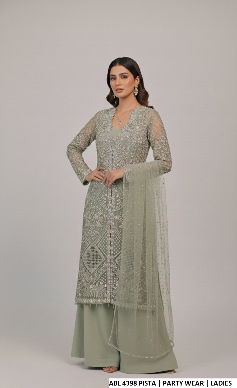 Pakistani women's pista green organza straight shirt back view