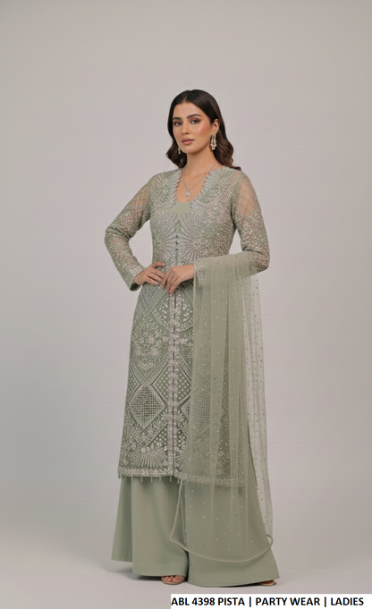 Pakistani women's pista green organza straight shirt back view